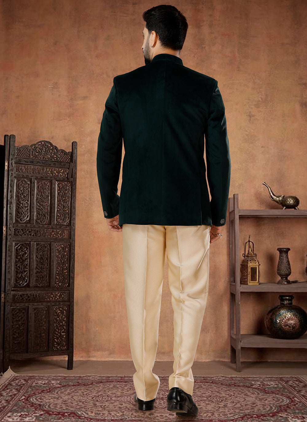 Green Velvet Jodhpuri Suit With Buttons Work For Men
