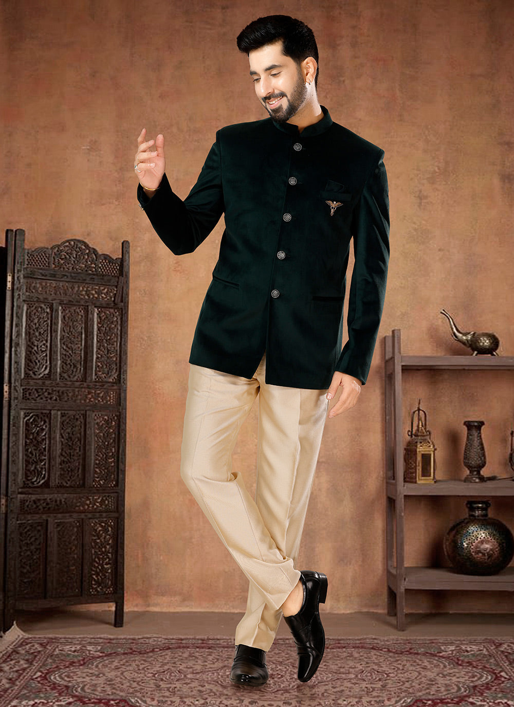 Green Velvet Jodhpuri Suit With Buttons Work For Men