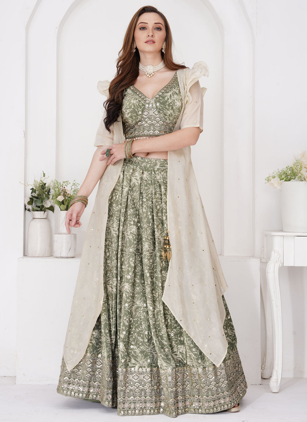 Embroidered And Sequins Work Tissue Readymade Lehenga Choli In Green