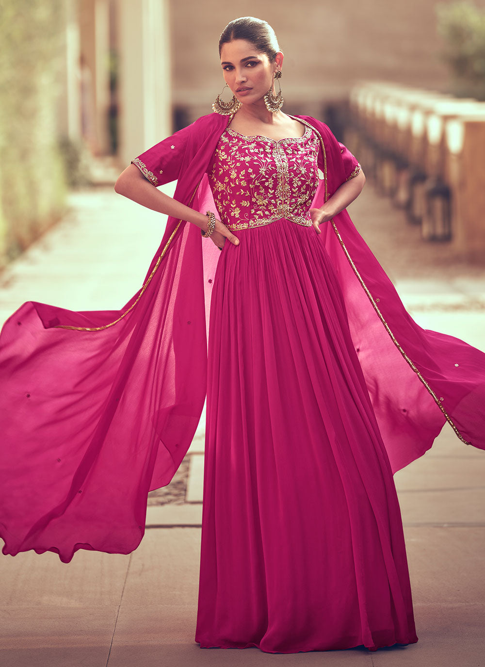 Pink Chinon Designer Gown With Embroidered Work