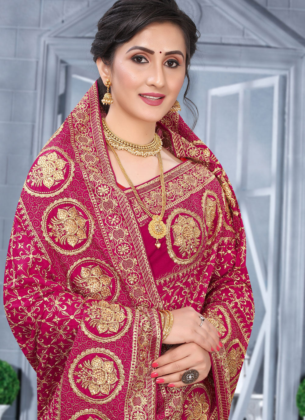 Hot Pink Vichitra Silk Embroidered And Zari Work Designer Sari