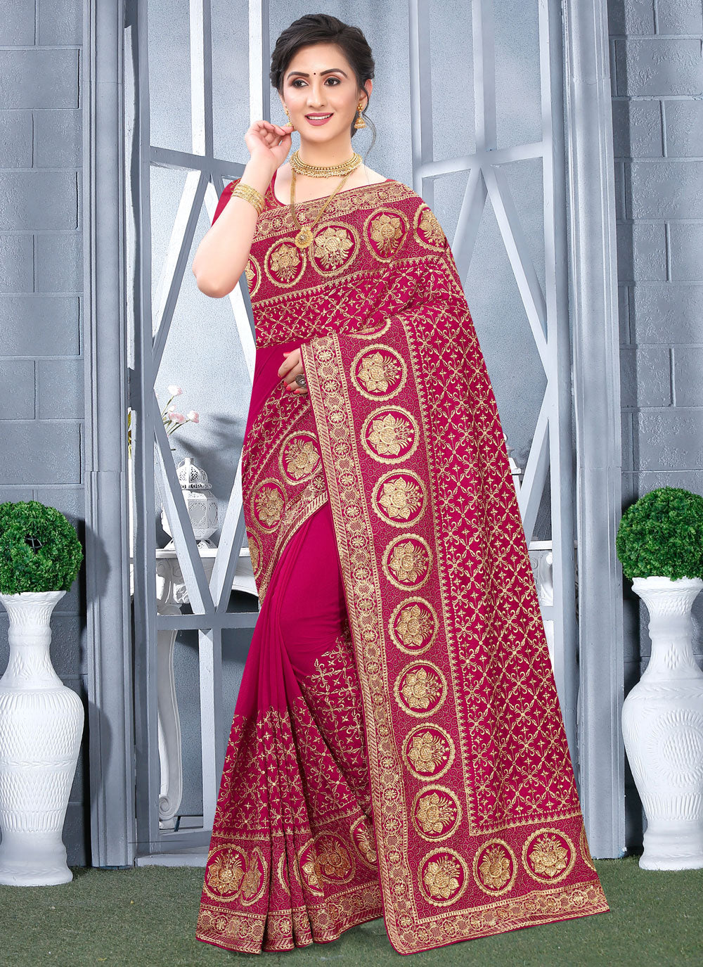 Hot Pink Vichitra Silk Embroidered And Zari Work Designer Sari