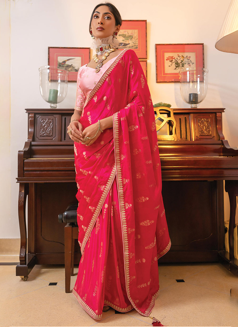 Hot Pink Satin Embroidered Work Classic Saree For Party