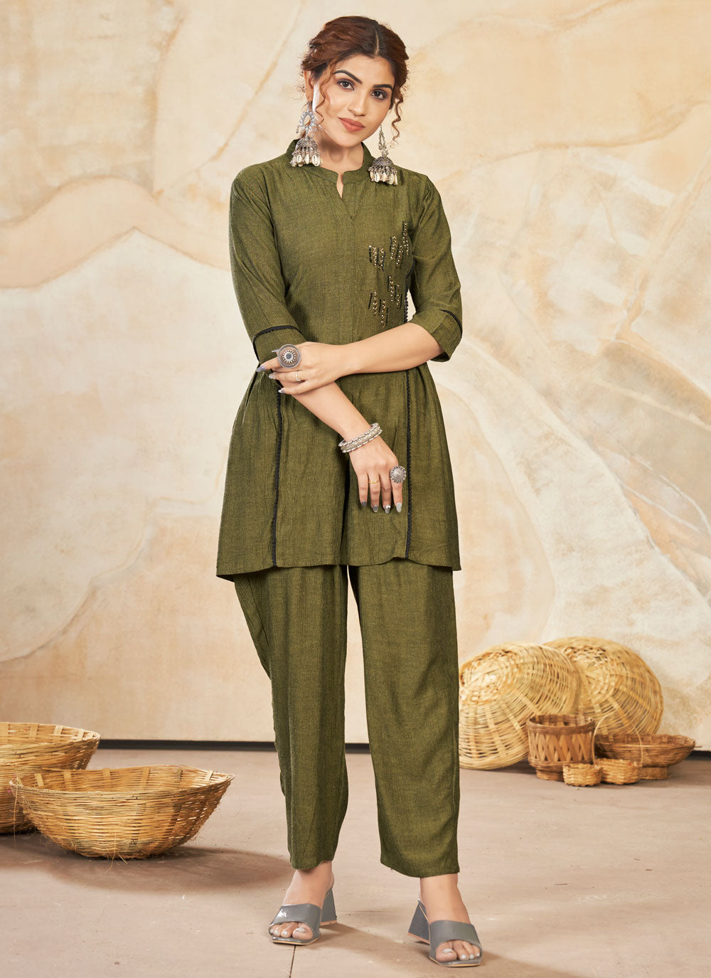 Green Viscose Party Wear Kurti With Hand Work