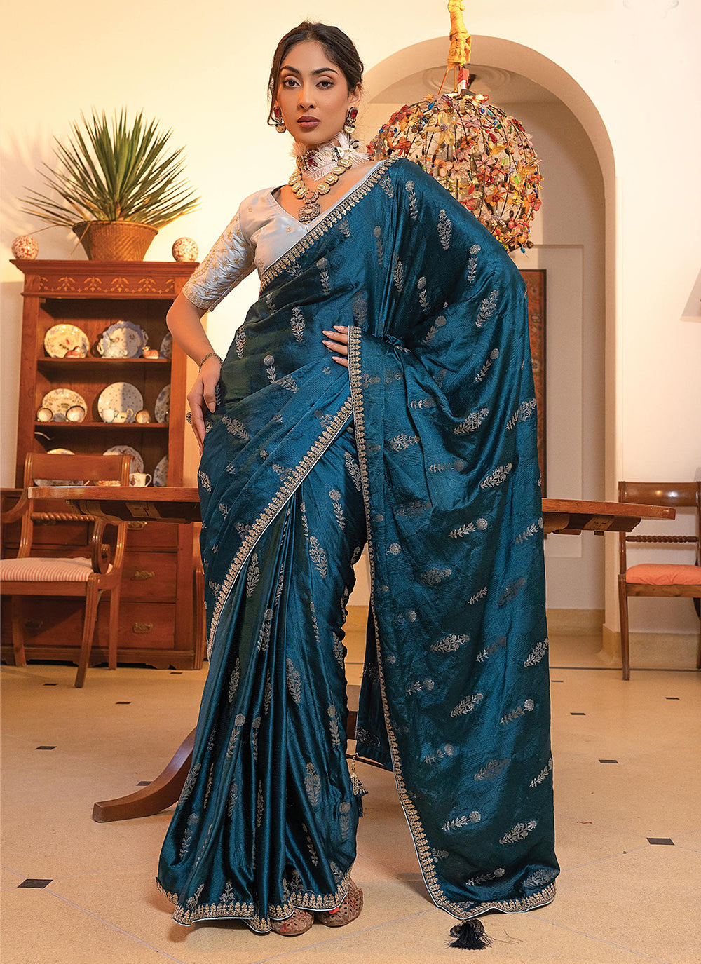 Energetic Morpeach Satin Trendy Saree With Embroidered Work