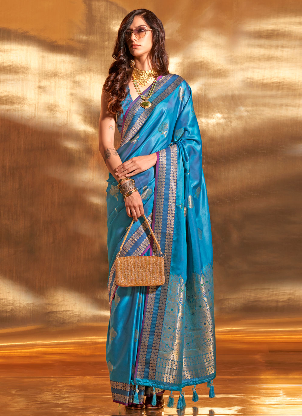 Blue Handloom Silk Weaving Work Trendy Saree For Women