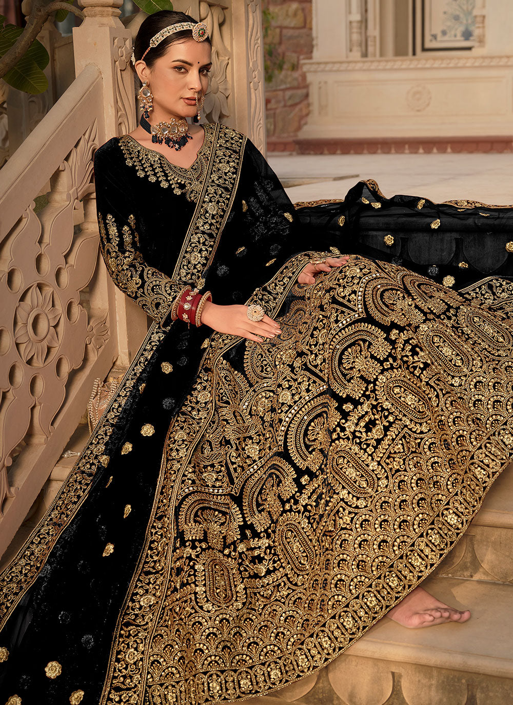 Black Velvet Embroidered Work Anarkali Suit