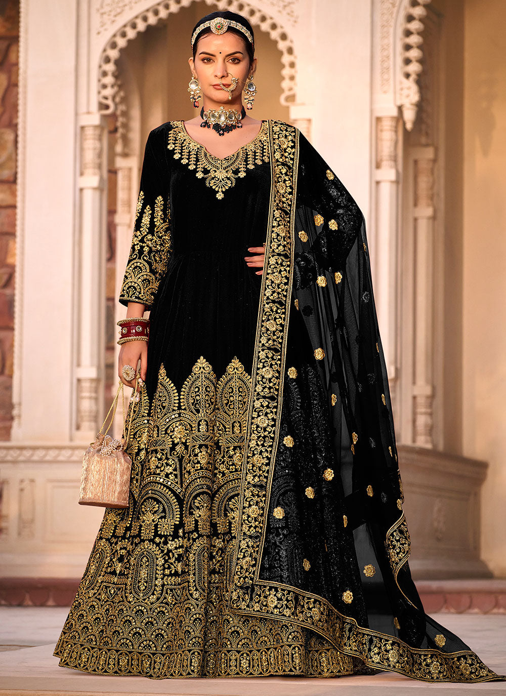 Black Velvet Embroidered Work Anarkali Suit