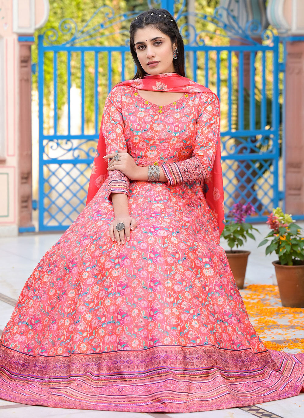 Pink Silk Digital Print And Hand Work Designer Gown For Ceremonial