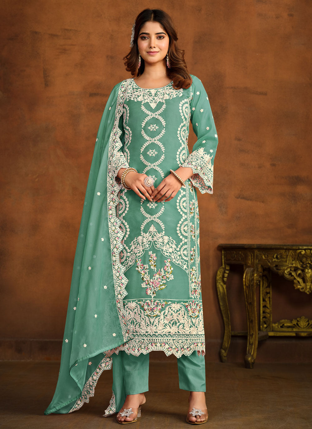 Embroidered Work Organza Pant Style Suit In Sea Green