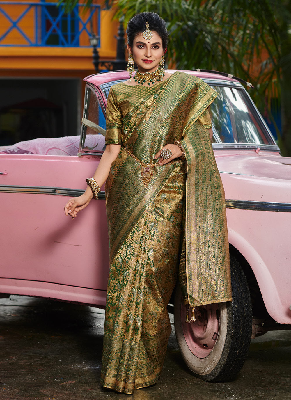 Classic Designer Saree In Gold And Green