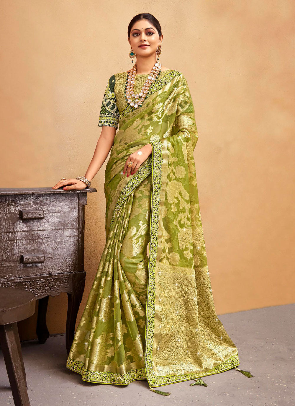 Green Organza Classic Sari With Patch Border And Weaving Work For Women