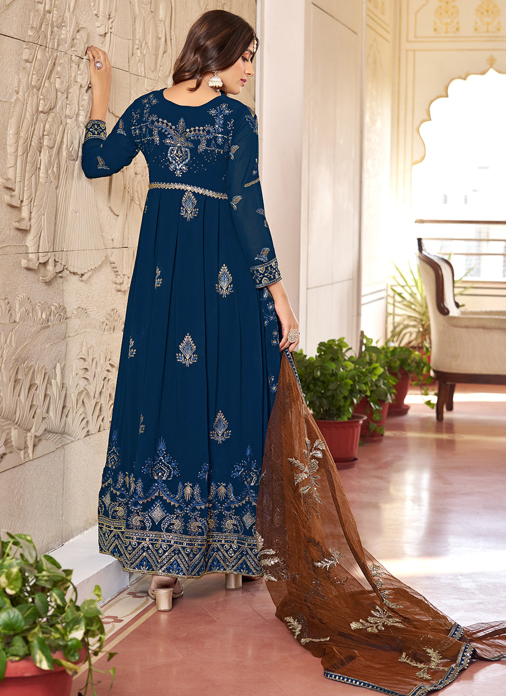 Blue Faux Georgette Embroidered And Sequins Work Designer Gown