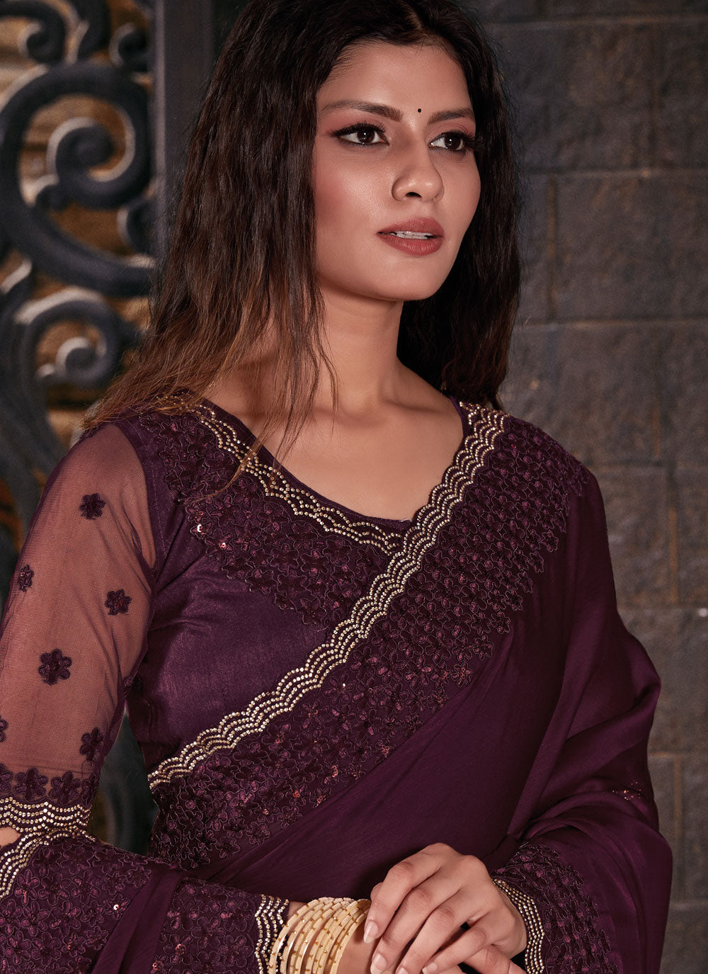 Wine Chiffon Satin Patch Border, Embroidered And Sequins Work Contemporary Saree