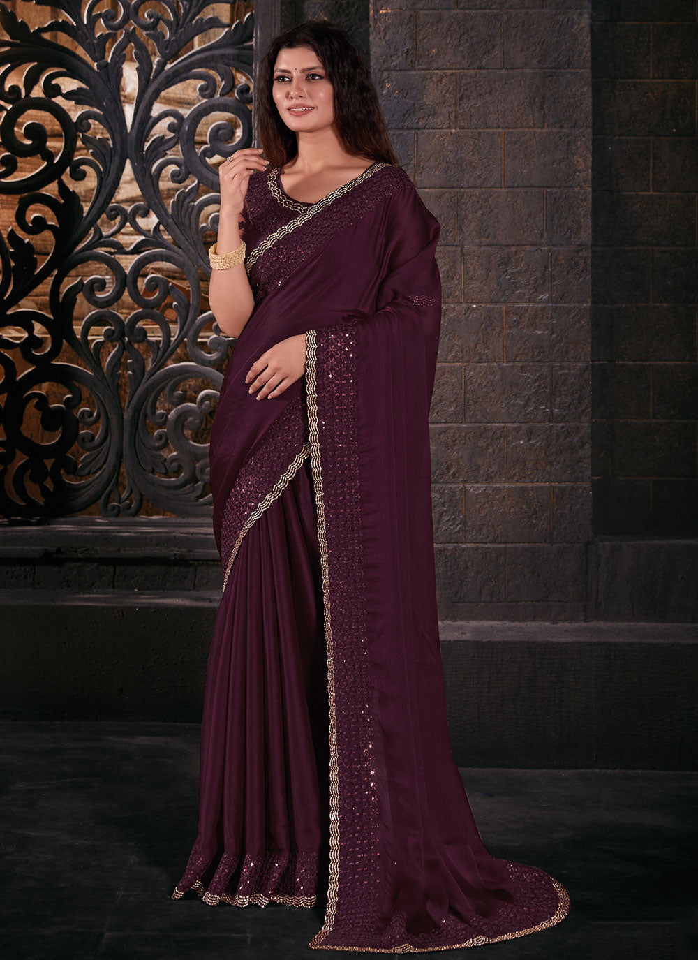 Wine Chiffon Satin Patch Border, Embroidered And Sequins Work Contemporary Saree
