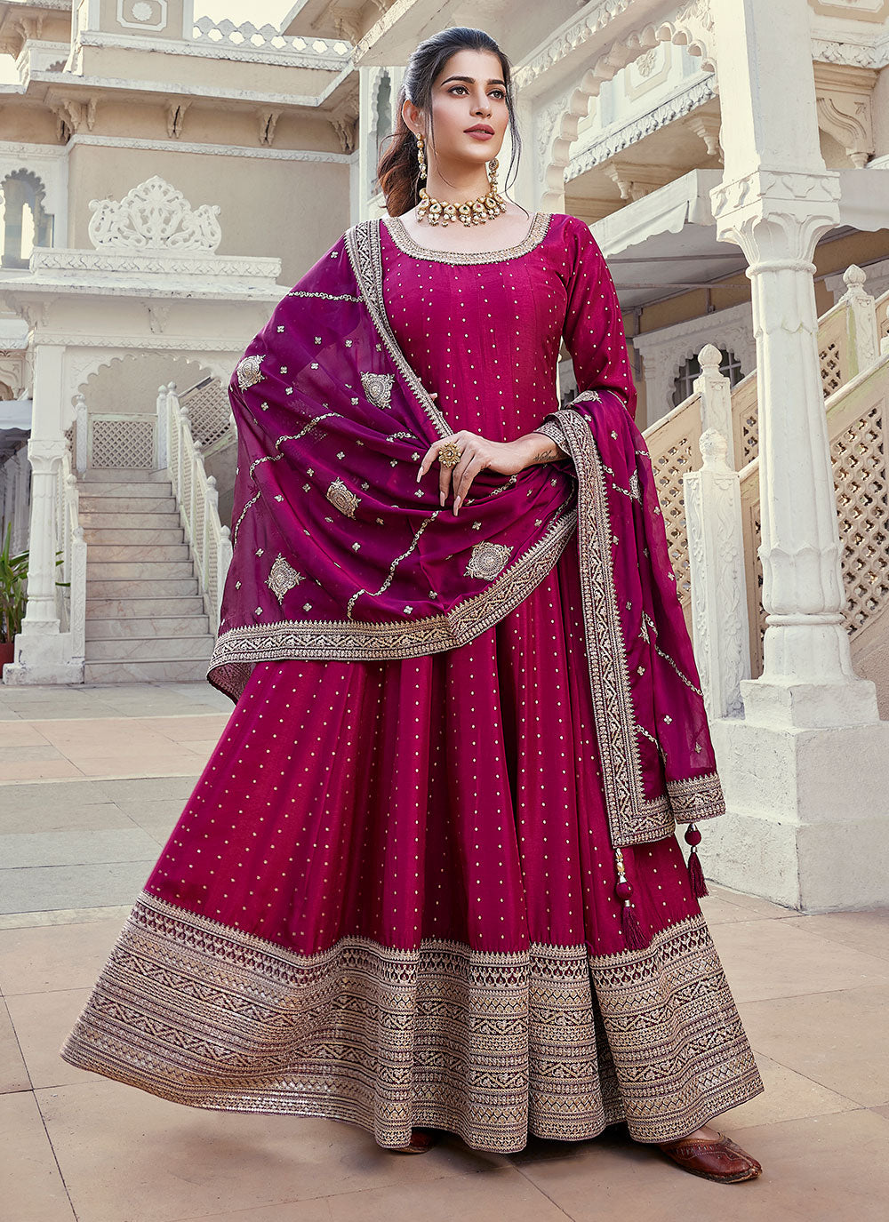 Embroidered Work Silk Designer Gown In Wine For Ceremonial