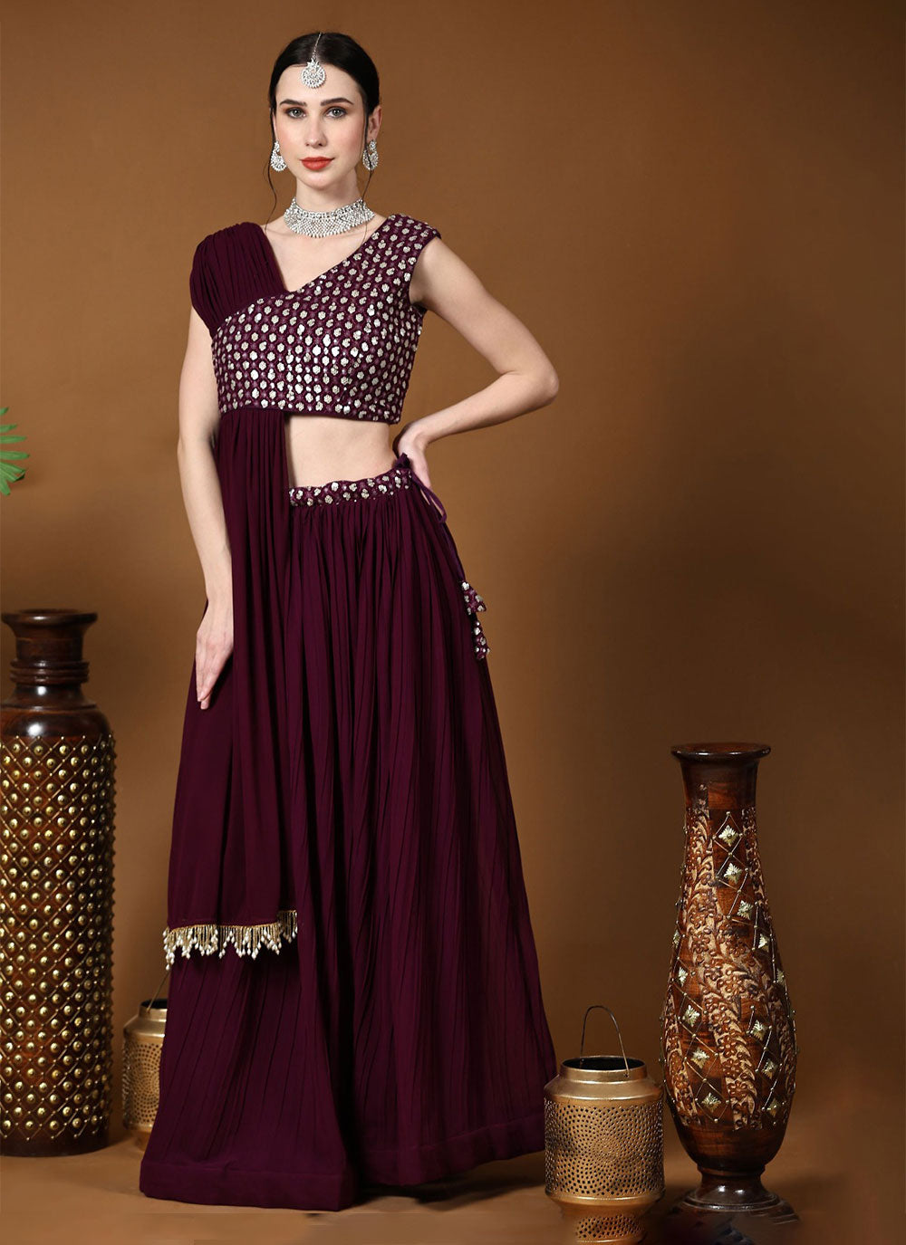 Georgette Readymade Lehenga Choli In Wine For Engagement