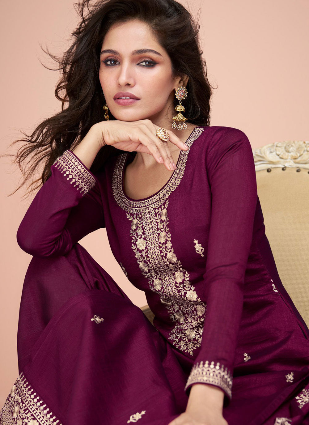 Distinctive Wine Silk Salwar Suit With Embroidered And Sequins Work