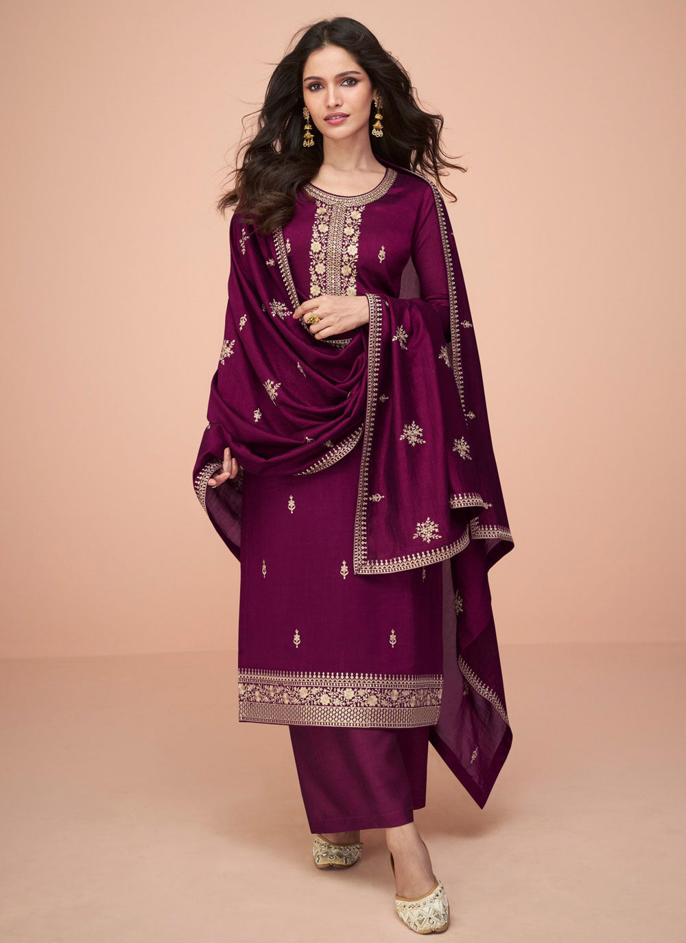 Distinctive Wine Silk Salwar Suit With Embroidered And Sequins Work