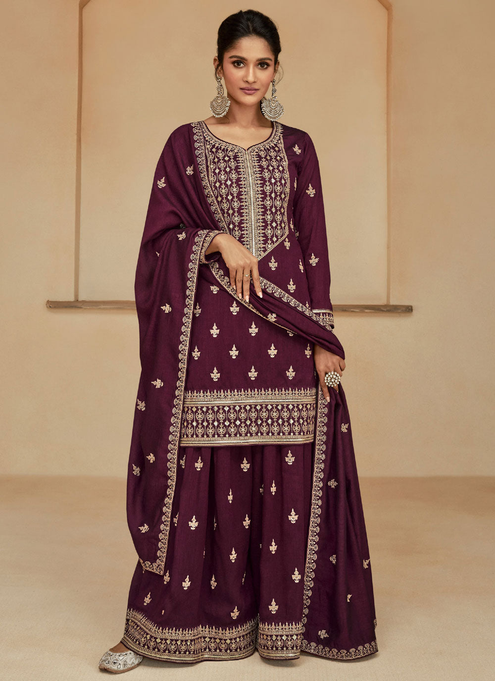 Wine Silk Embroidered Work Salwar Suit