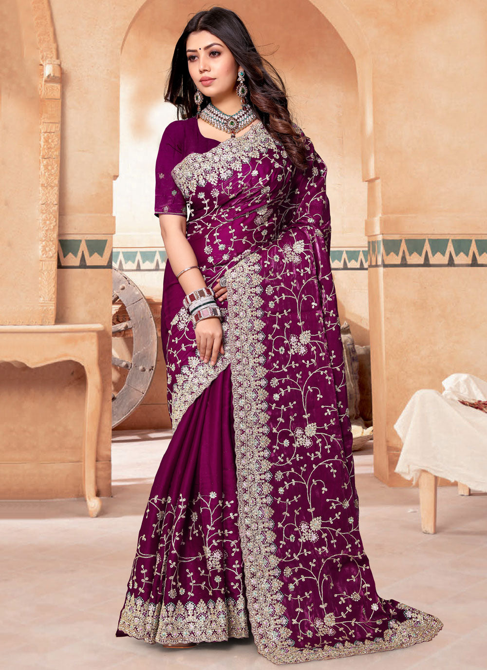 Wine Crepe Silk Classic Saree With Cord, Diamond And Embroidered Work