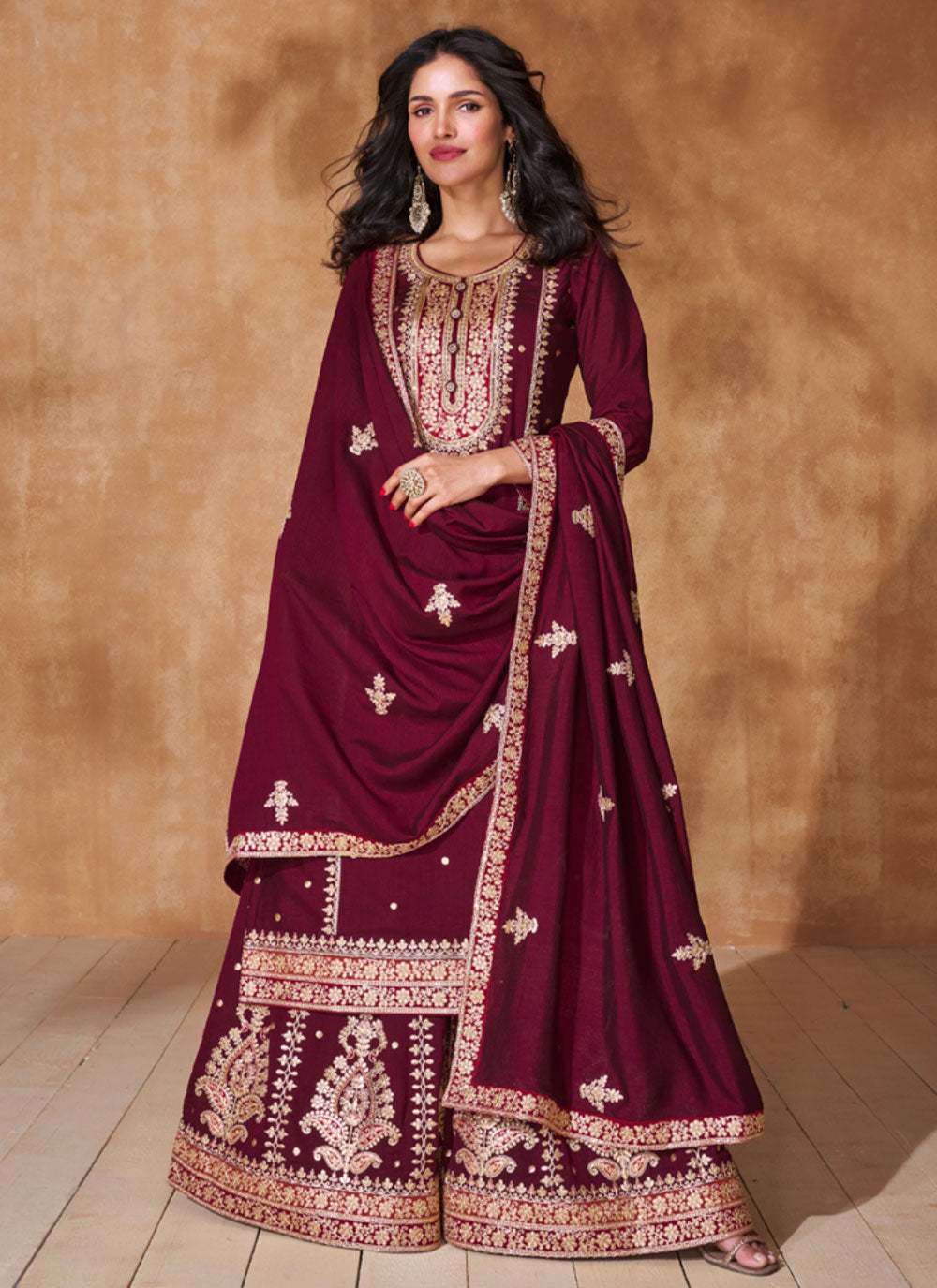 Embroidered Work Silk Trendy Suit In Wine