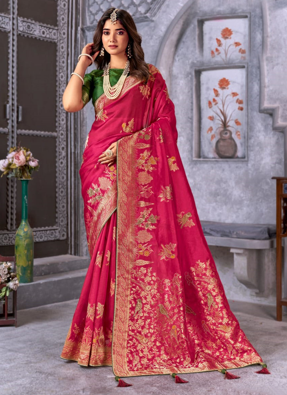 Magenta Silk Contemporary Sari With Weaving Work