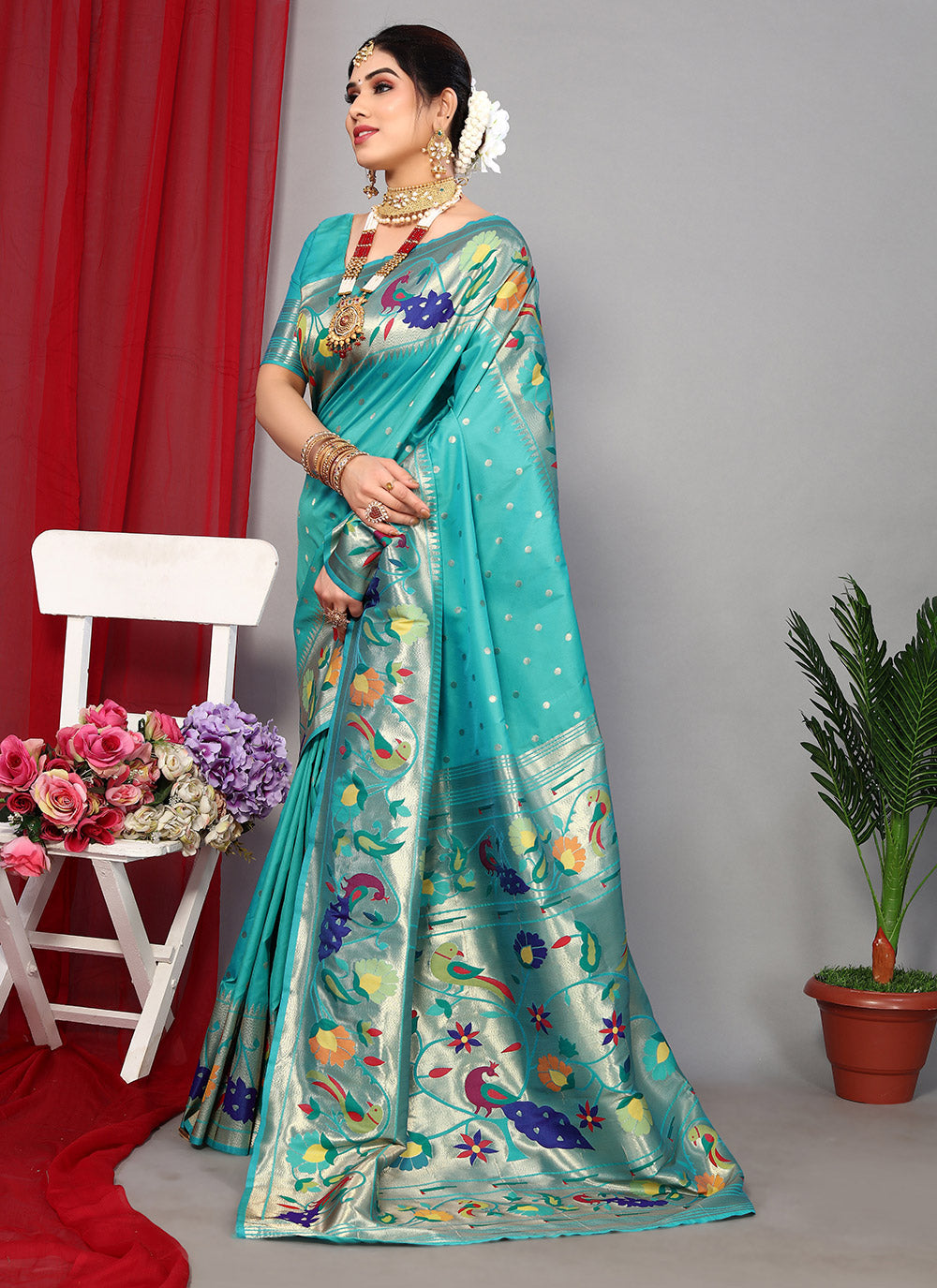Zari Silk Turquoise Classic Designer Saree
