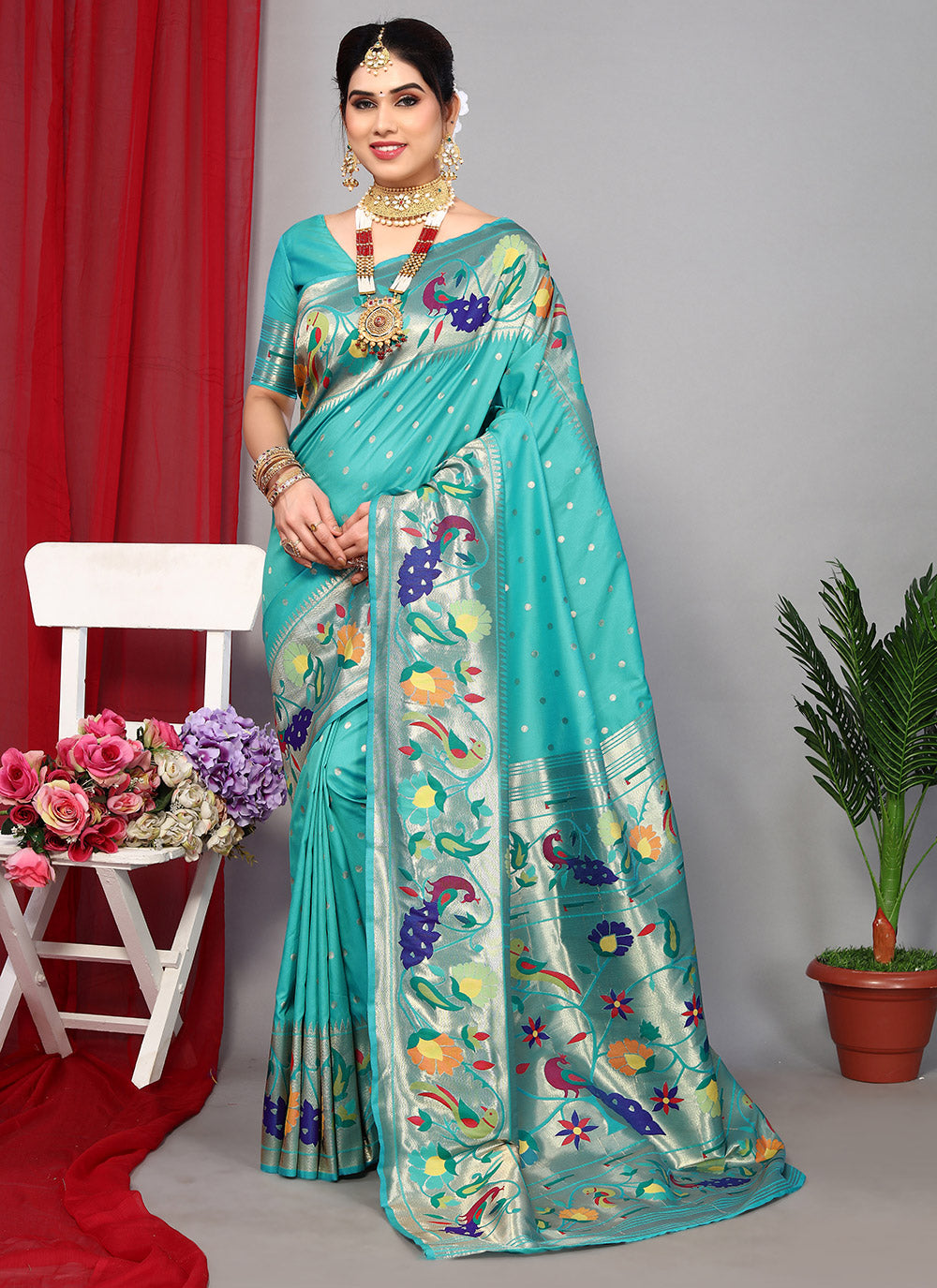 Zari Silk Turquoise Classic Designer Saree