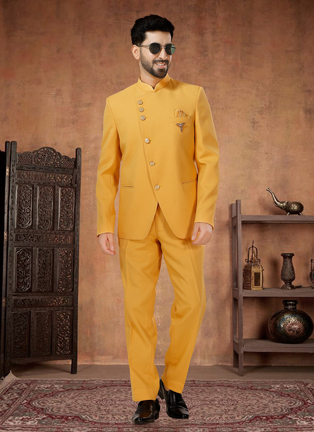 Rayon Jodhpuri Suit In Yellow