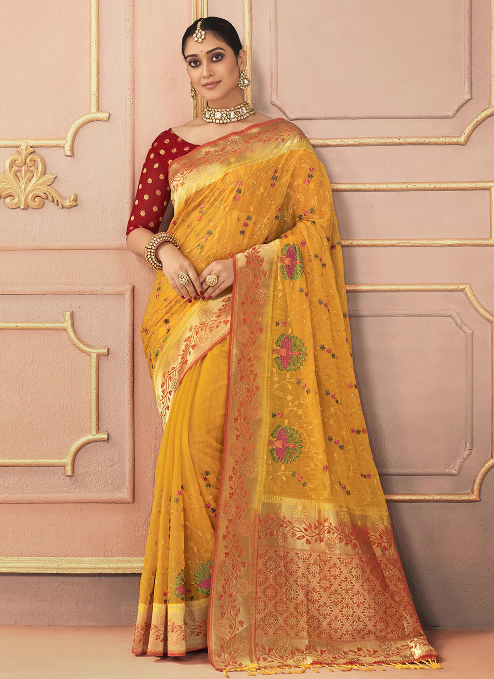 Yellow Silk Trendy Saree With Embroidered, Resham And Stone Work For Ceremonial