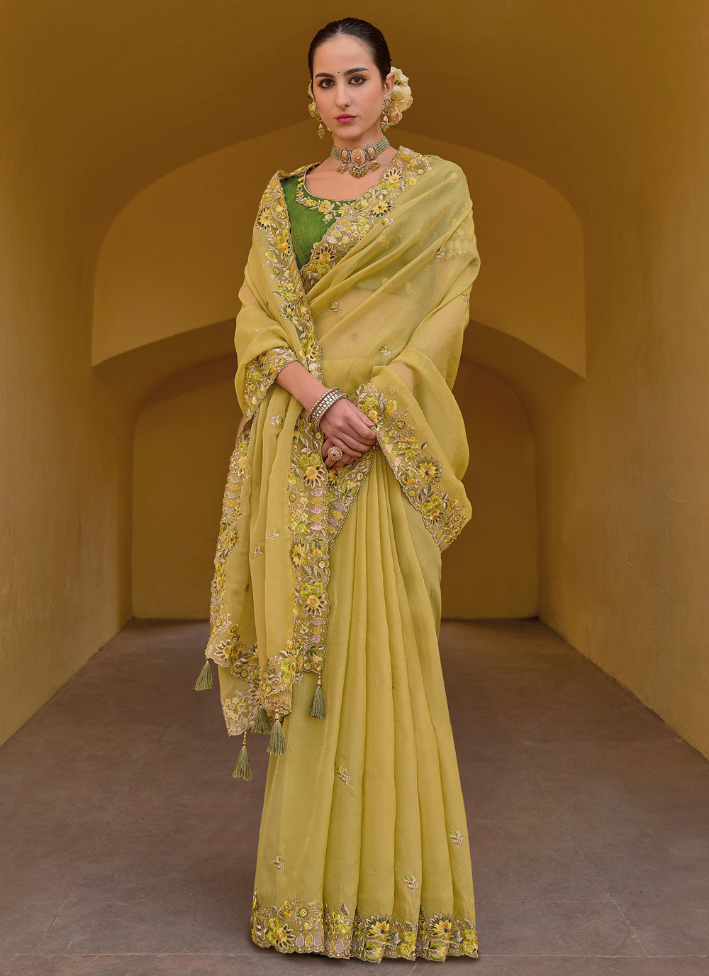Yellow Cut, Embroidered And Sequins Work Organza Trendy Saree