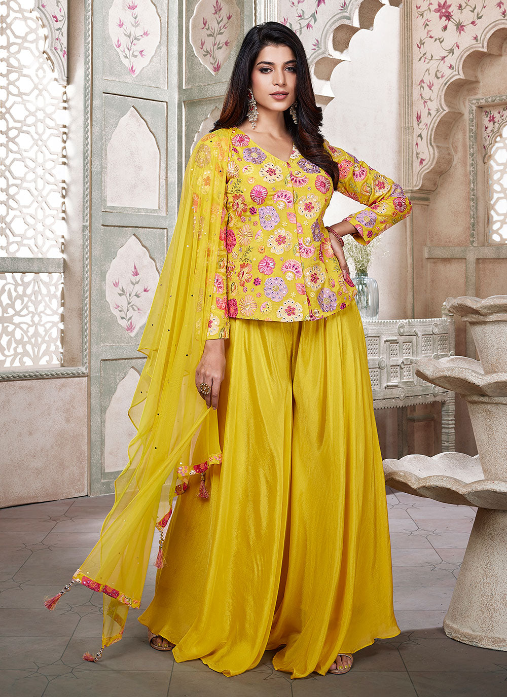 Print Work Silk Salwar Suit In Yellow