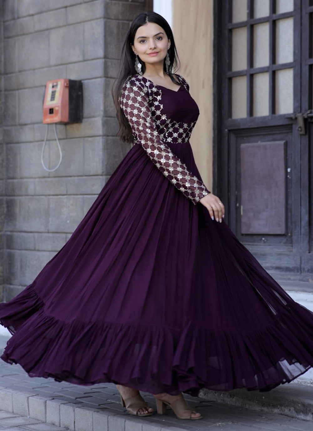 Faux Georgette Readymade Gown In Purple