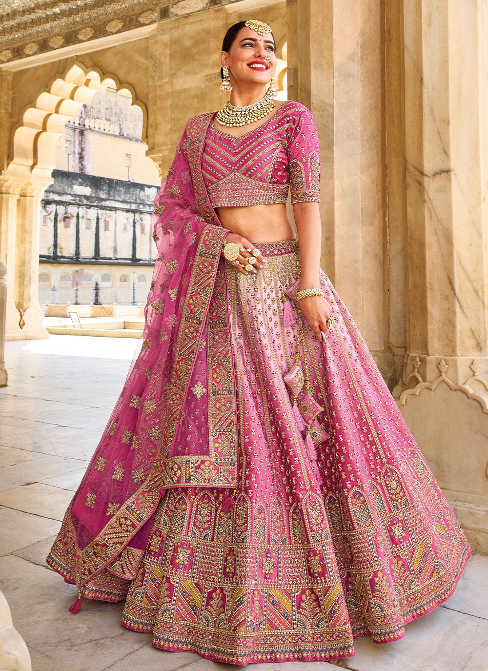 Bridal Zari Silk A Line Lehenga Choli In Pink