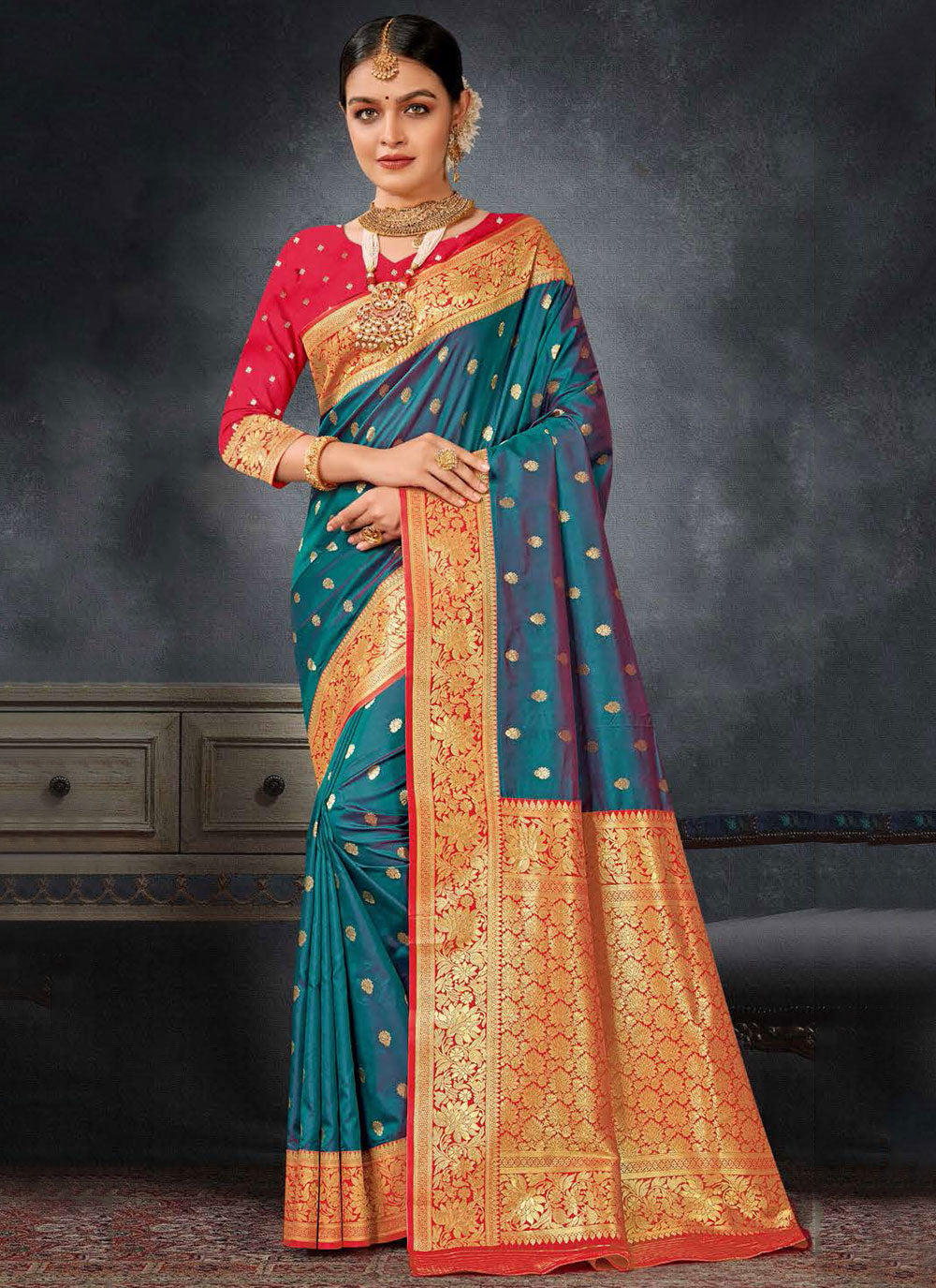 Teal Silk Woven Work Classic Sari For Ceremonial