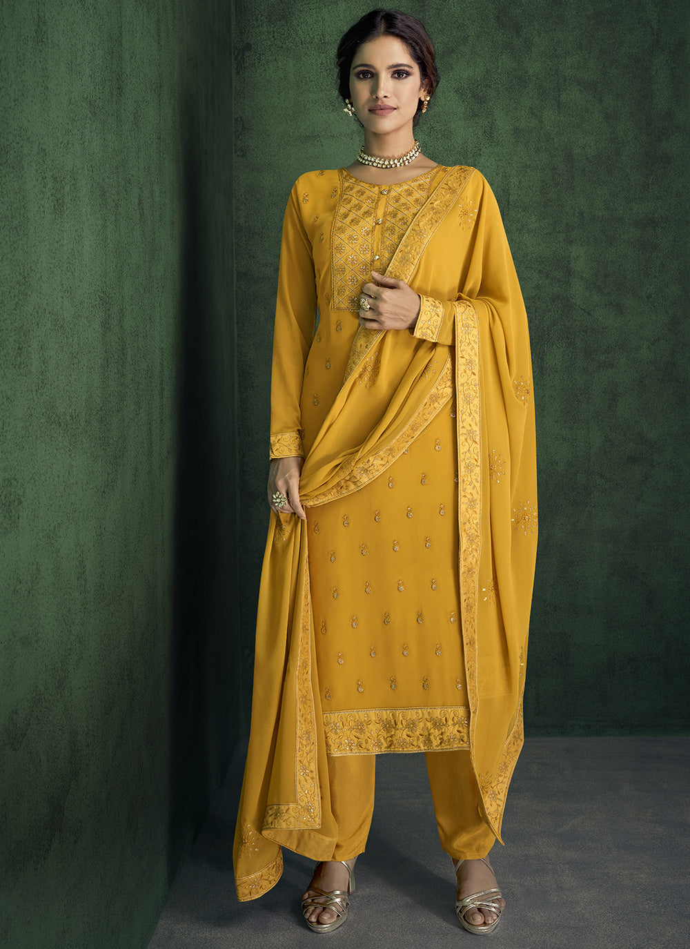 Yellow Faux Georgette Designer Straight Suit