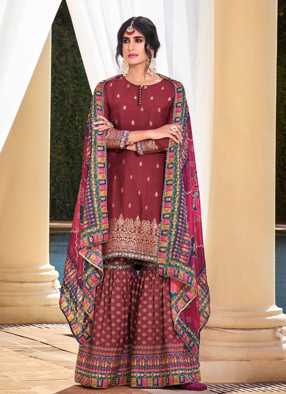 Maroon Embroidered Palazzo Suit For Festival