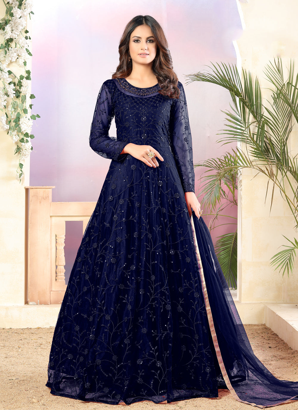 Navy Blue Net Floor Length Anarkali Salwar Suit