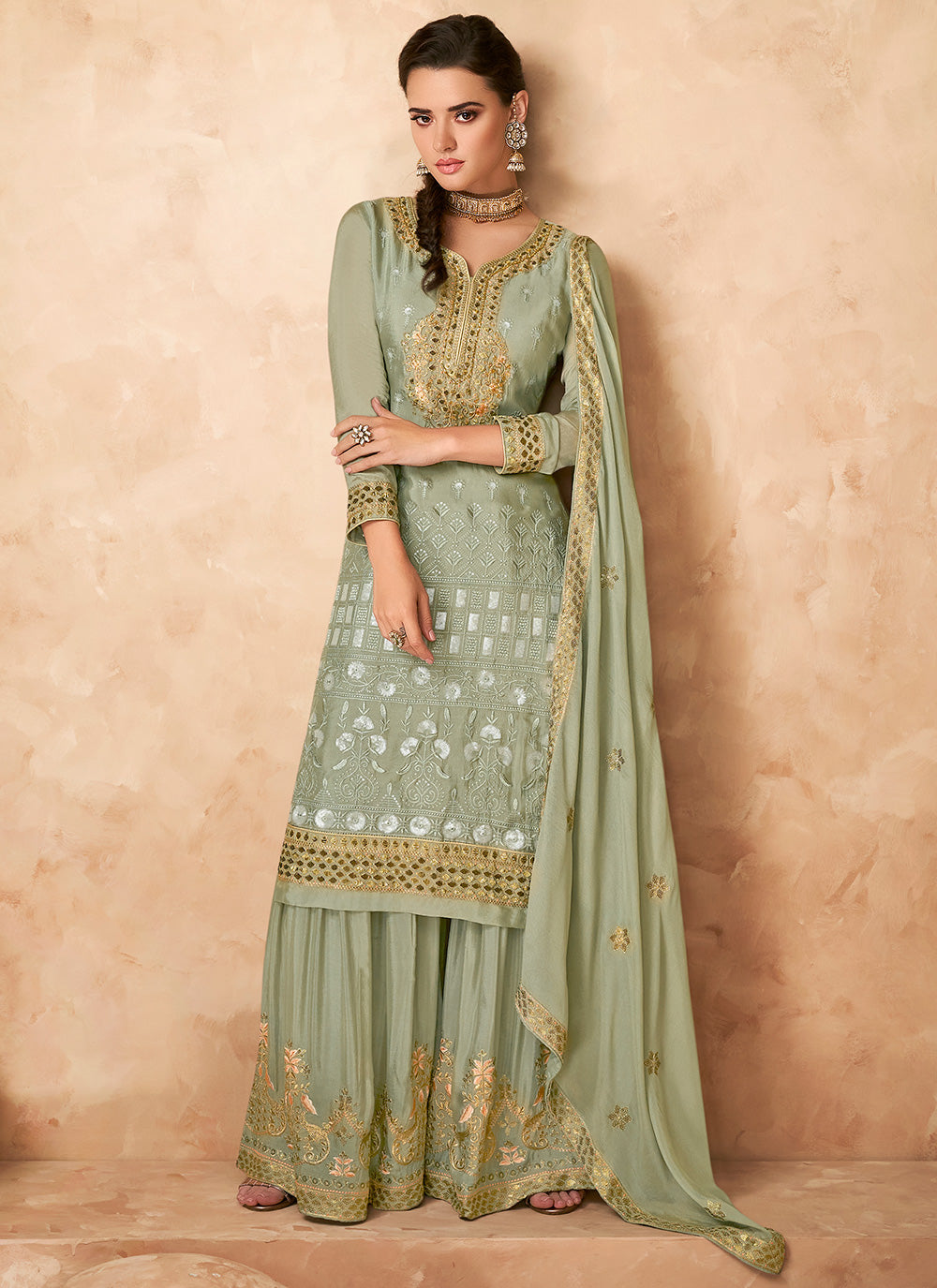 Sea Green Faux Georgette Embroidered Designer Pakistani Suit