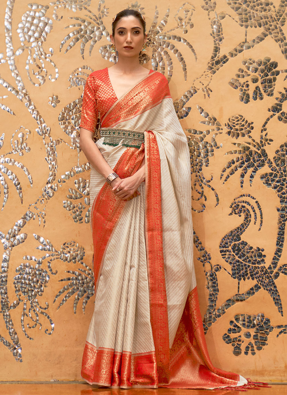 Off White Silk Weaving Traditional Saree