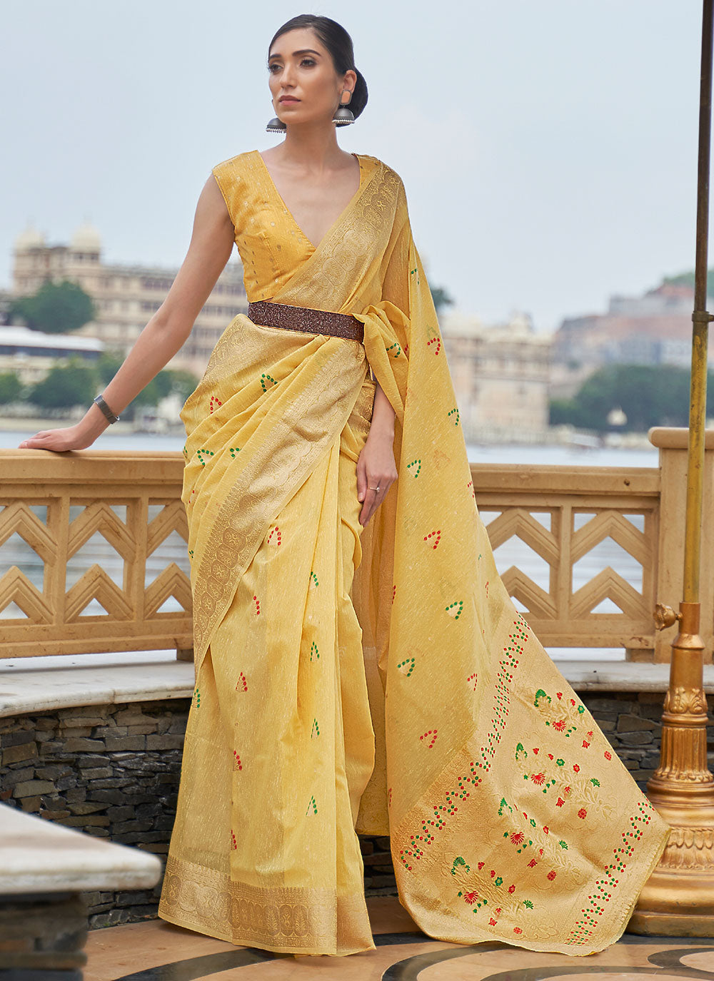 Linen Festival Designer Saree In Yellow