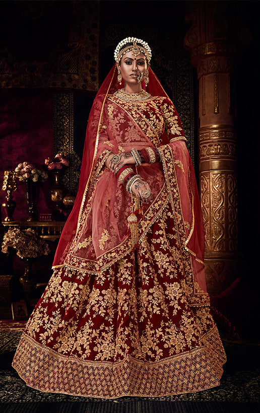 Sequins Work Velvet Red Lehenga Choli