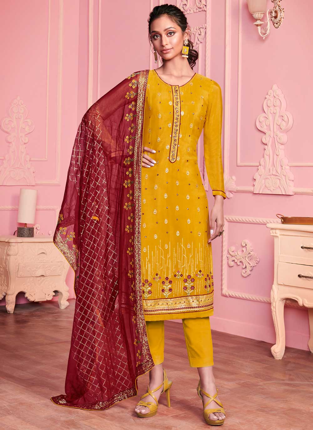 Yellow Georgette Embroidered Pant Style Suit