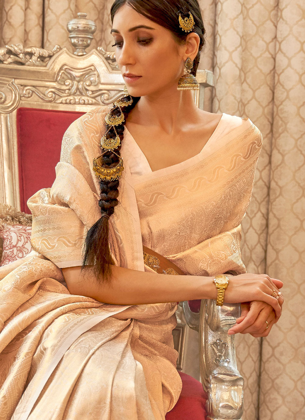 Cream Handloom silk Designer Traditional Saree