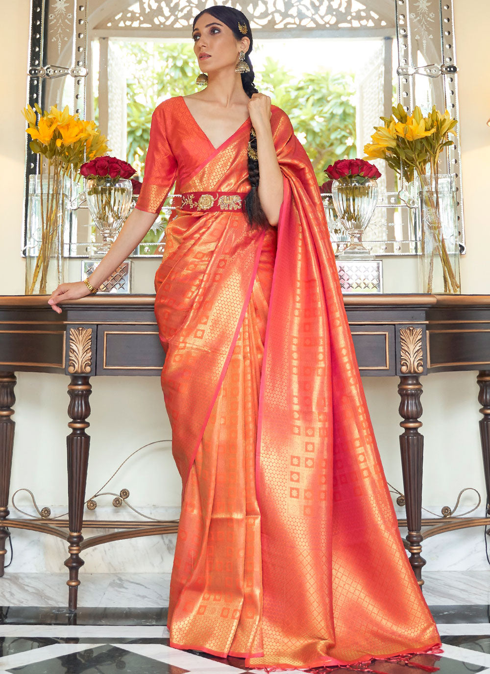 Handloom silk Orange Weaving Designer Traditional Saree