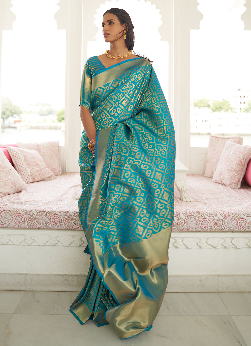 Turquoise Handloom Silk Weaving Festival Saree