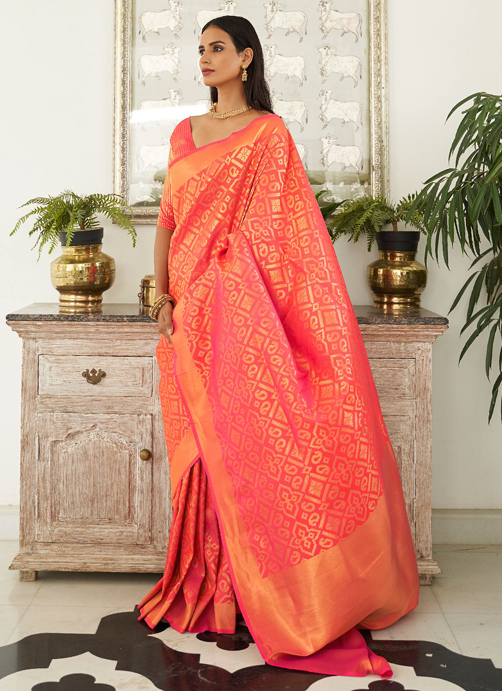 Orange Handloom Silk Contemporary Saree