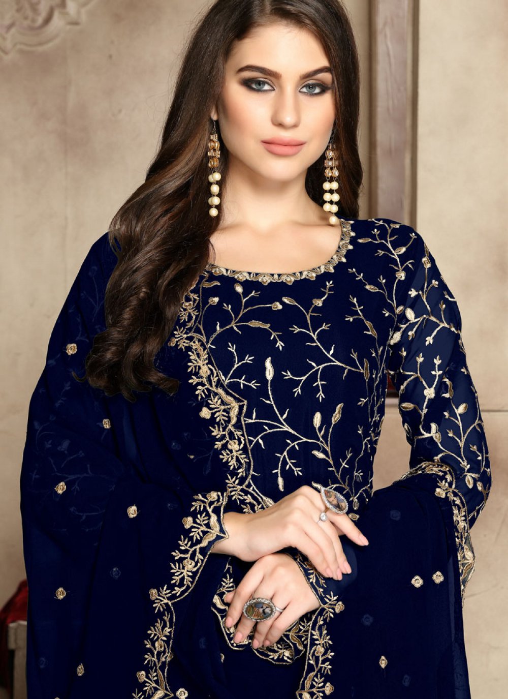 Faux Georgette Blue Embroidered  Anarkali Salwar Suit