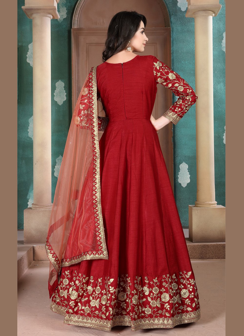 Red Embroidered Ceremonial Anarkali Suit